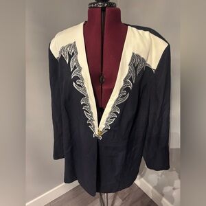 Vintage Joseph Ribkoff Navy and White Embroidered V-Neck Blazer